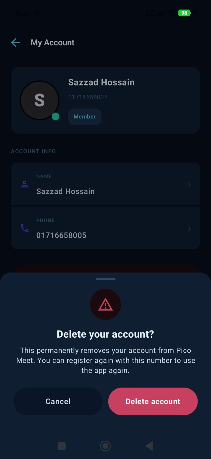 Pico Meet delete account confirmation screen