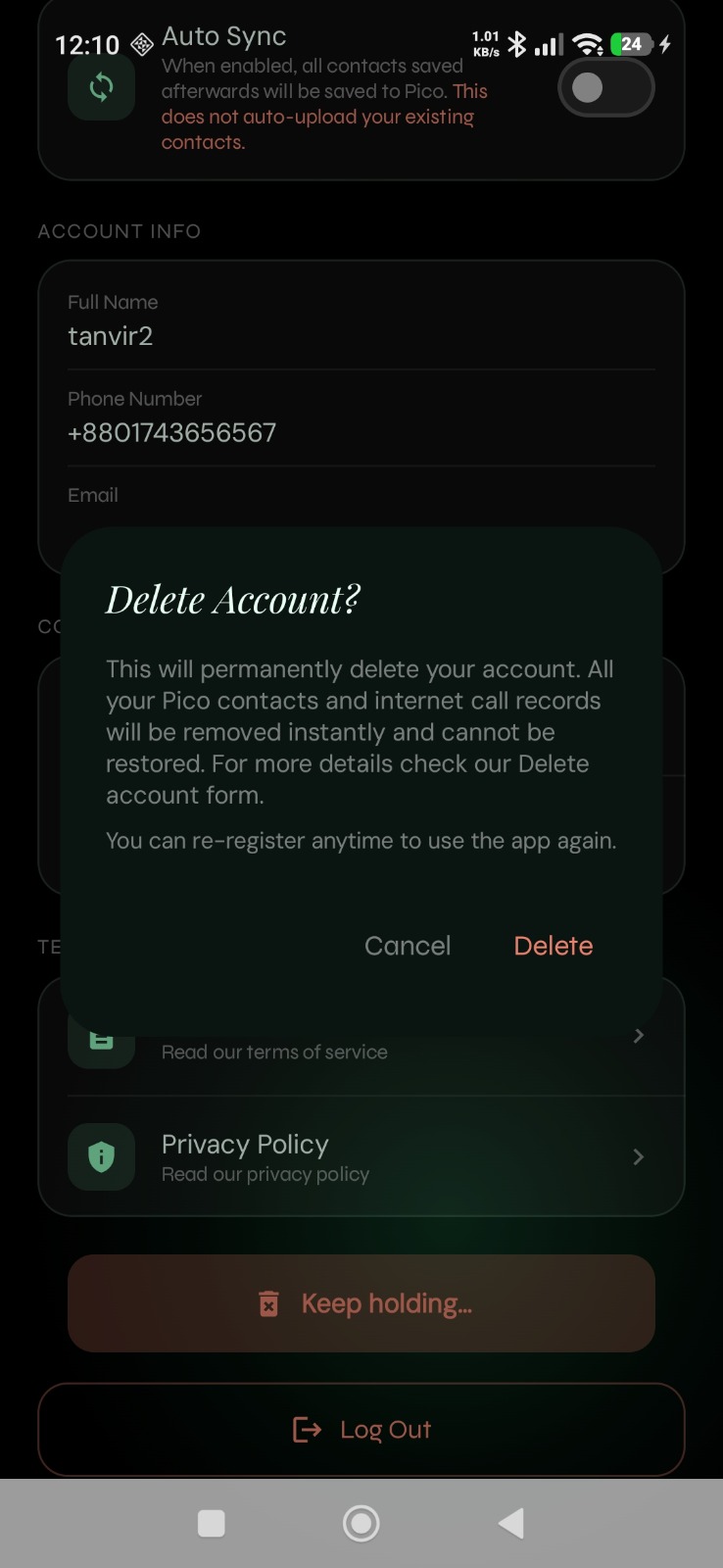 Pico Talk delete account screen